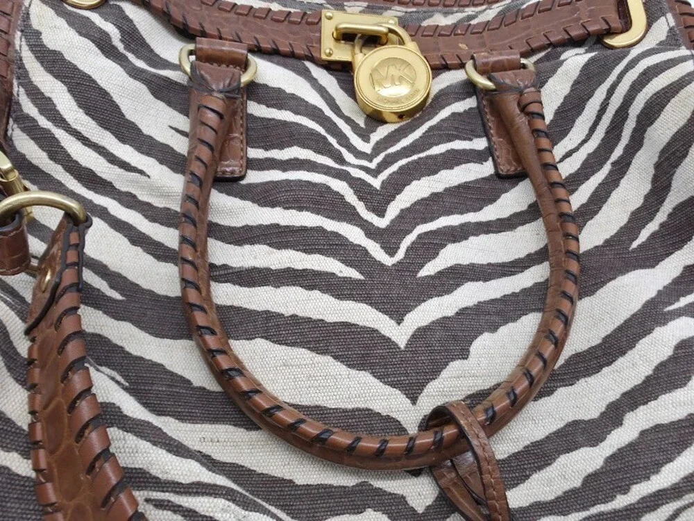 Michael Kors Hamilton Whipped Zebra Canvas Satchel Bag Brown Croc Leather Gold